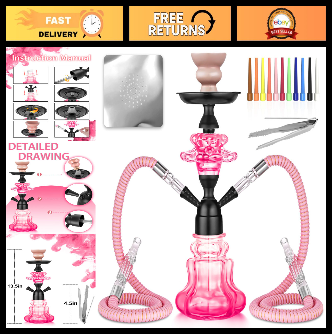 Complete 14&Prime; Hookah Set – Glass Vase, Leather Hose, Ceramic Bowl, Coal Tongs, Fo