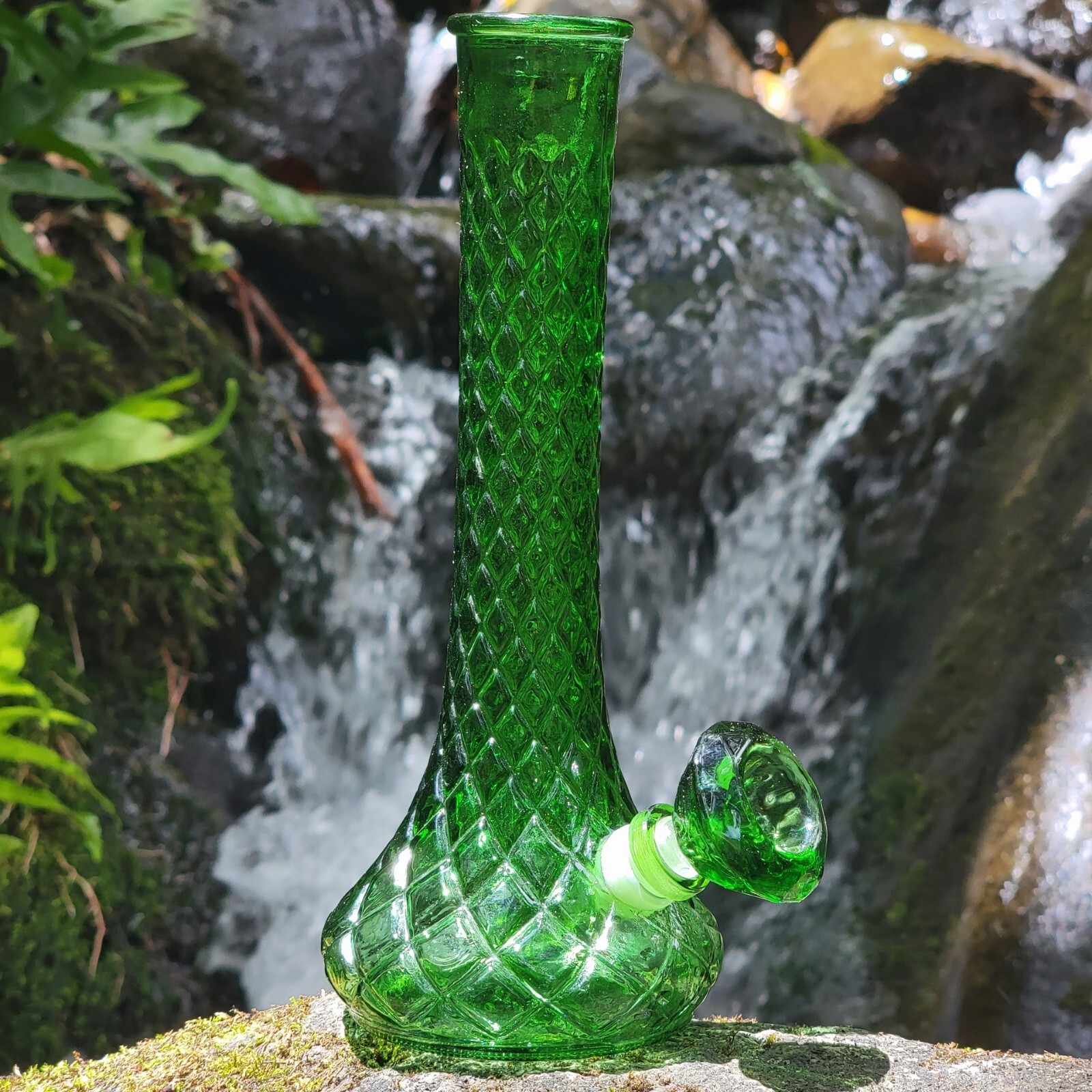 Vintage Upcycled Vase Bong Emerald Glass With Green Downstem And Diamond Bowl