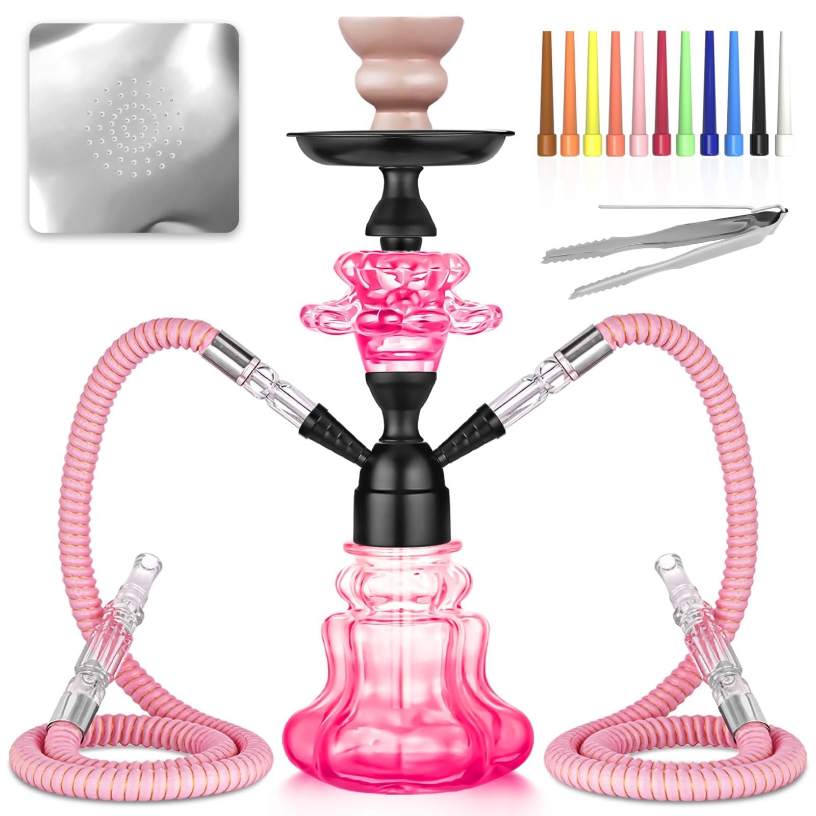 Complete 14&Prime; Hookah Set – Glass Vase, Leather Hose, Ceramic Bowl, Coal Tongs, Fo