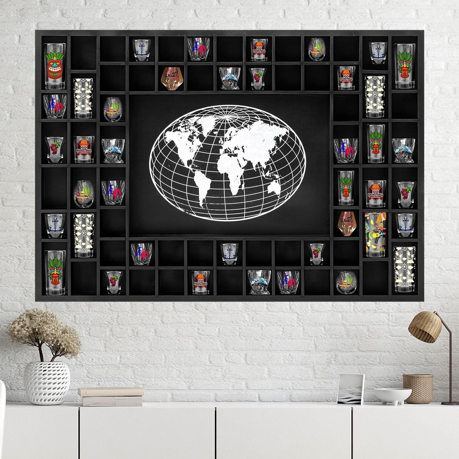 GlikCeil Large World Map 68 Slots Shot Glass Display Case 40 x 28 » Rustic Wo…