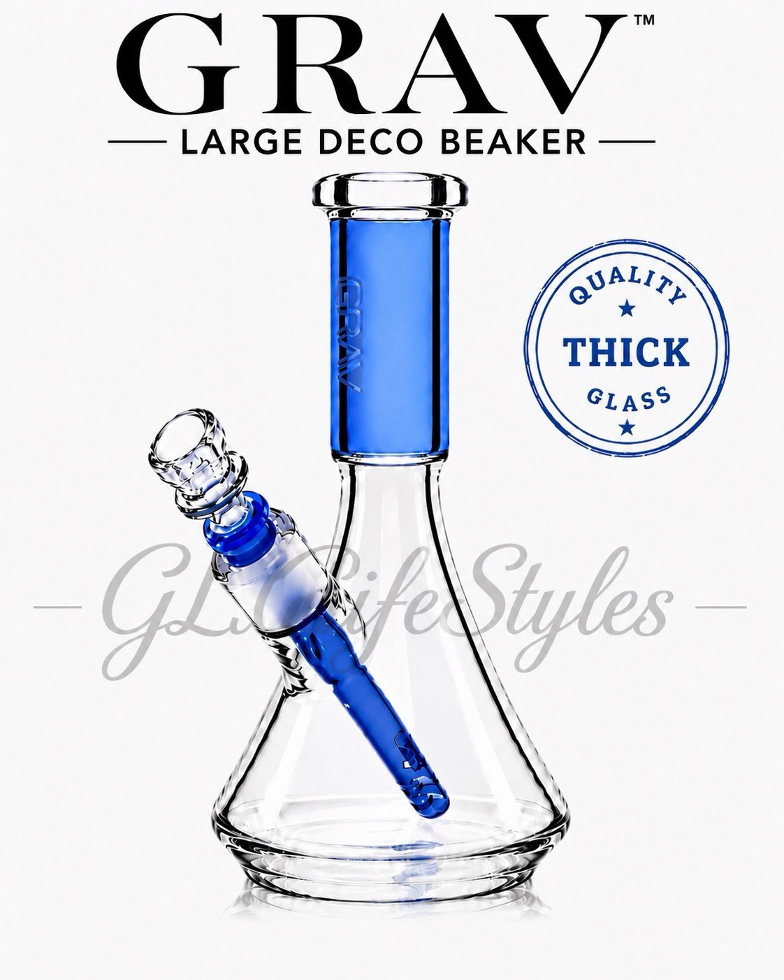 Grav® LARGE Deco Beaker Bong 11” Glass Water Pipe, BLUE, THICK QUALITY GLASS!