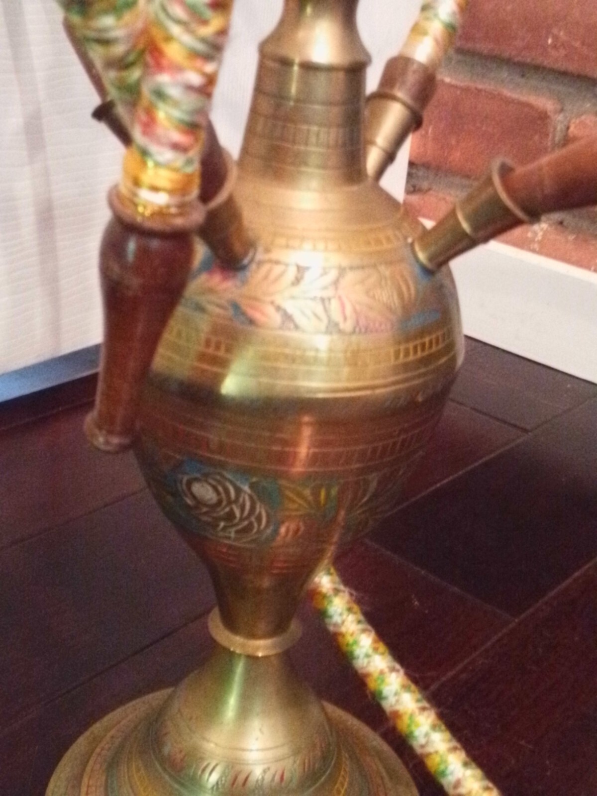 Vintage 1995 30&Prime; tall etched Brass hookah w/enamel floral decoration and 4 hoses