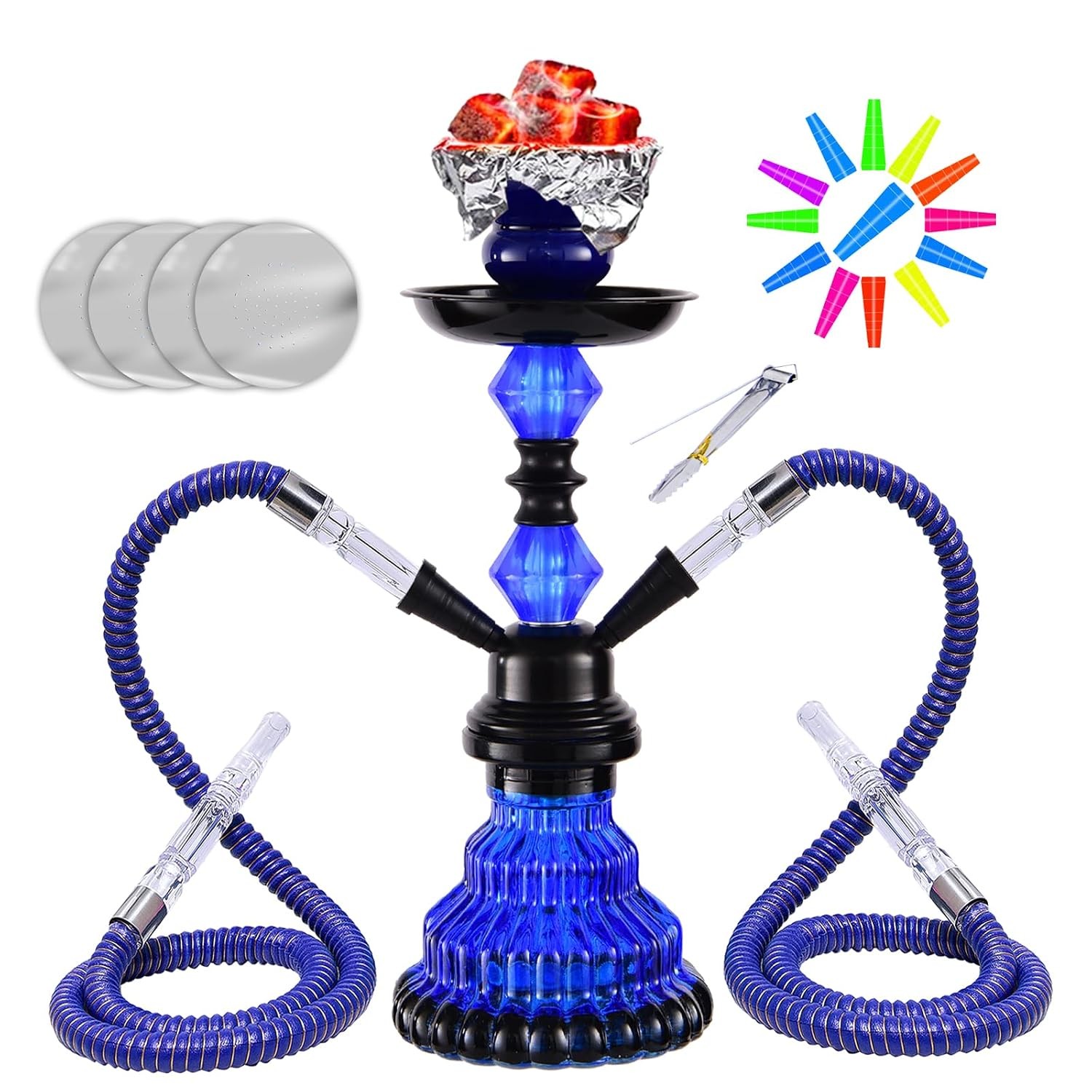 12&Prime; Premium 2-Hose Hookah Set – Complete Portable Kit with 20 Tips, 50 Foils & C