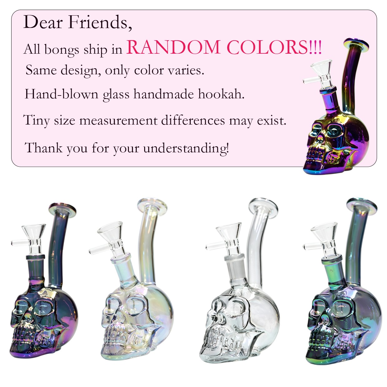 Random 6.5IN Skull Glass Bong Water Pipes Smoking Perc Bongs Hookah w/14mm bowl