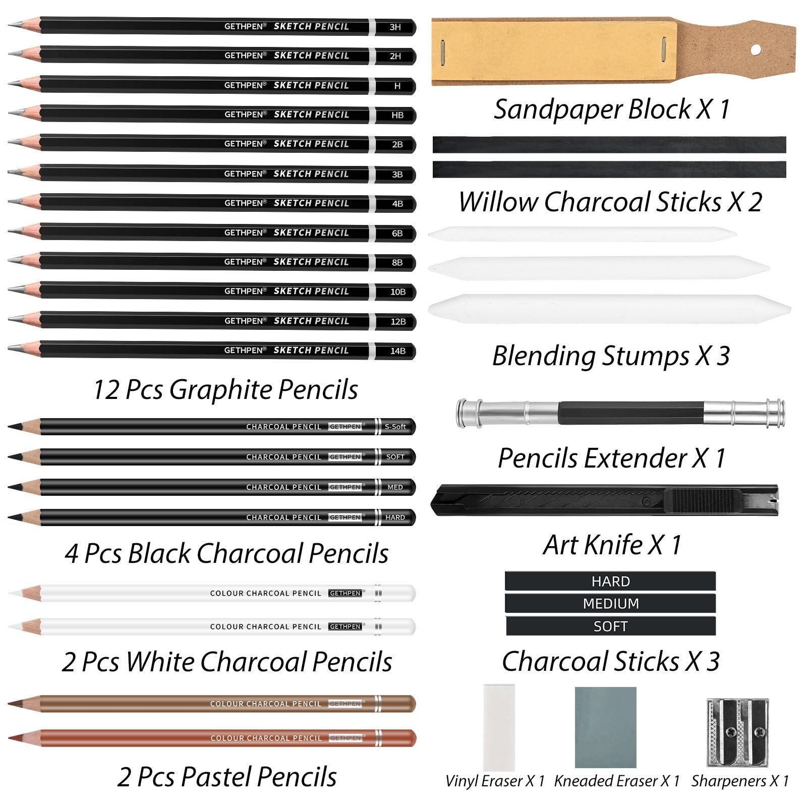 GETHPEN 34Pcs Sketch Drawing Kit, Graphite 14B-4H Charcoal Pencils Sticks | S…