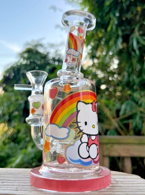 Hello Kitty Glass Water Pipe w/ 14mm Bowl 6.25&Prime; Bubbler Hookah Rainbows & Hearts