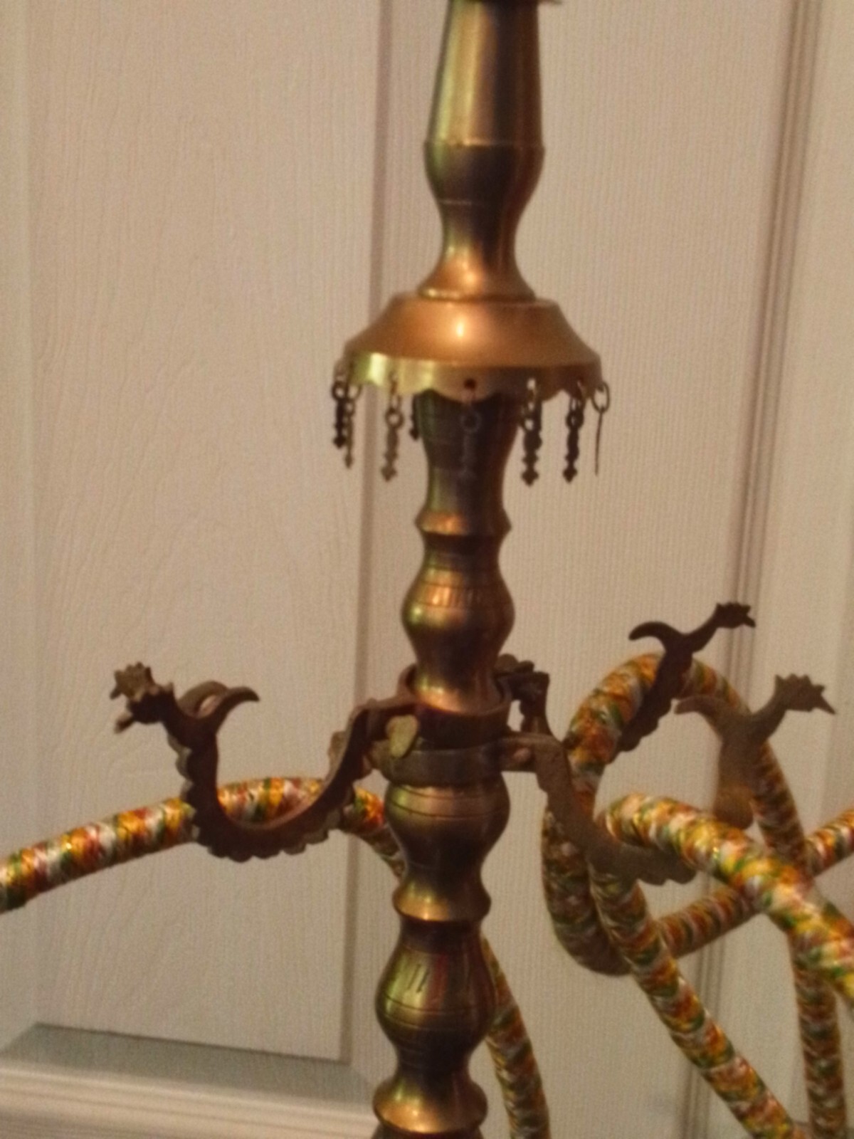 Vintage 1995 30&Prime; tall etched Brass hookah w/enamel floral decoration and 4 hoses