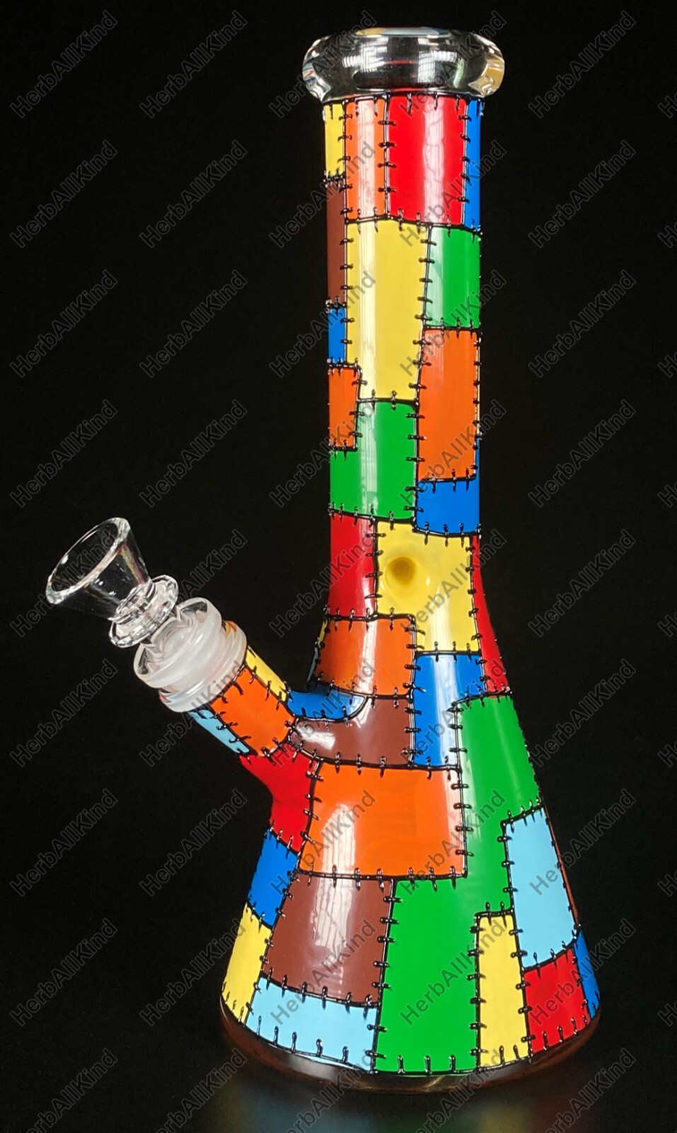 10&Prime; Thick Glass Beaker Bong Blue Green Red Yellow Colorful Patches & Grinder