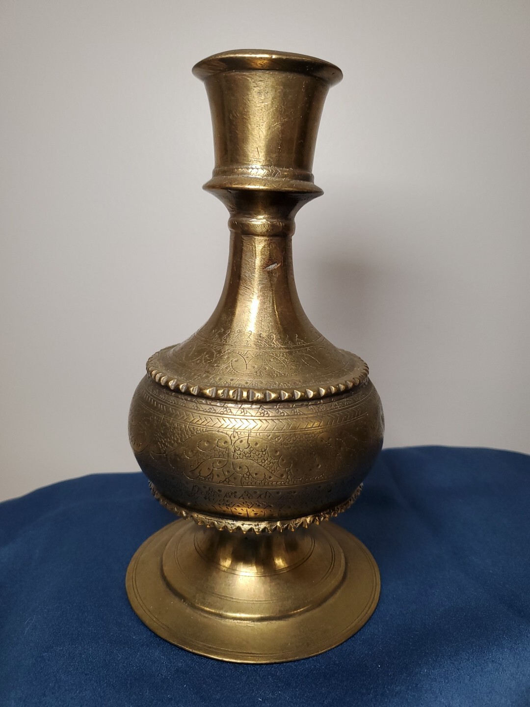 Antique Islamic Brass Hookah Base 18th Century Mughal Style Etched Carved Vase