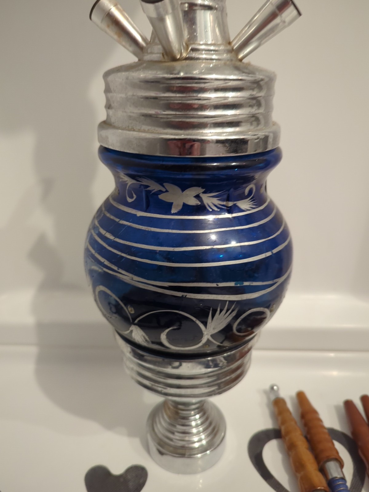 ✨USED✨ Large 30&Prime; Glass Hookah Shisha w/ 3 Separate Wood Handle Hoses