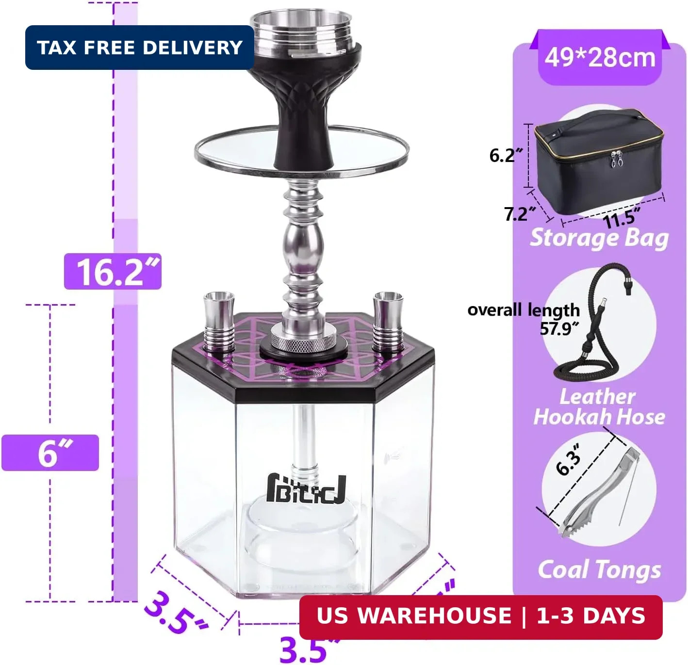 2 Hose Large Hookah Set – Premium Acrylic Shisha Hookah with Everything Included
