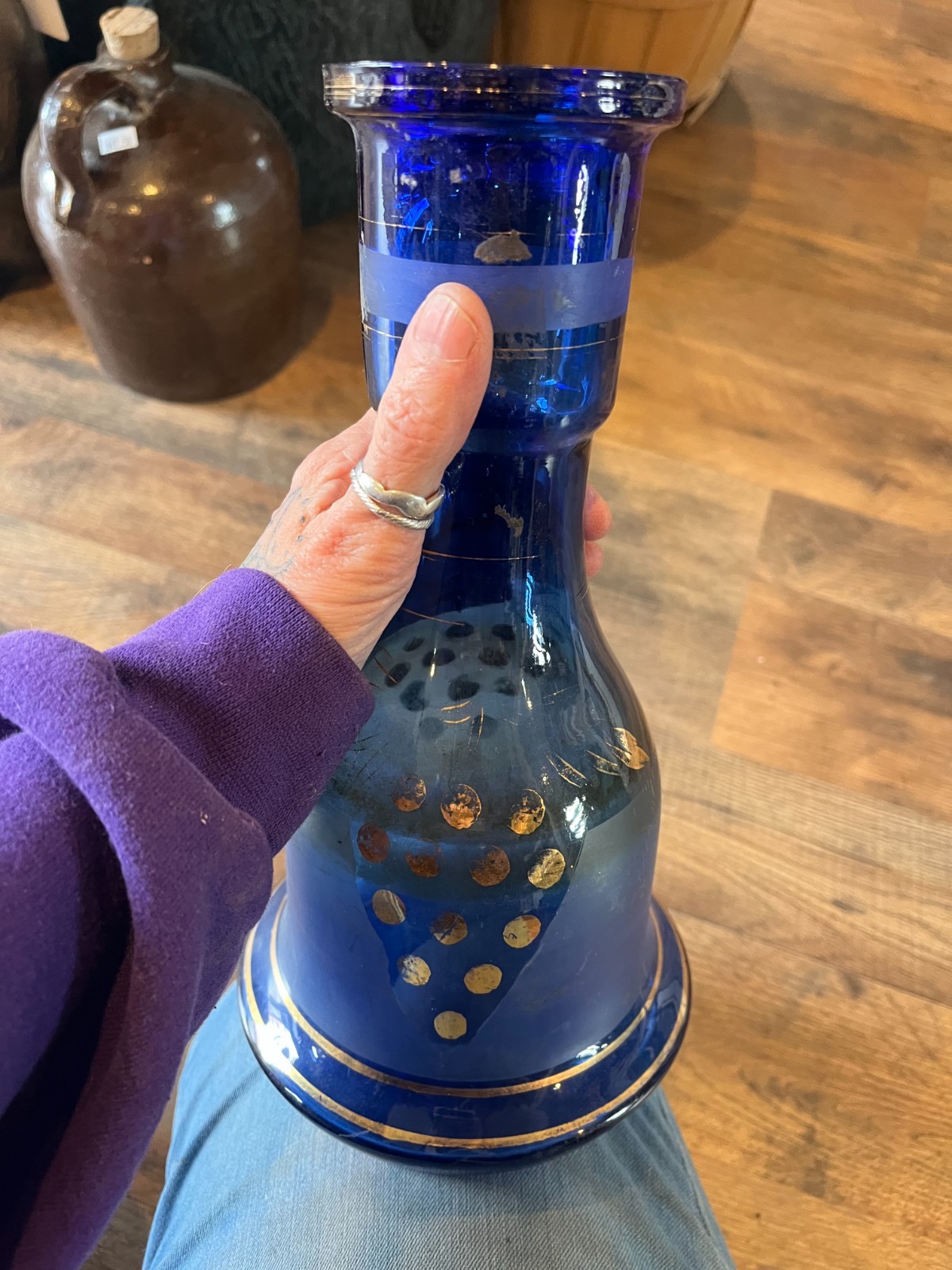 Vintage Bohemian Cobalt Blue Glass HOOKAH BASE HAND PAINTED Gold 10.5&Prime; High