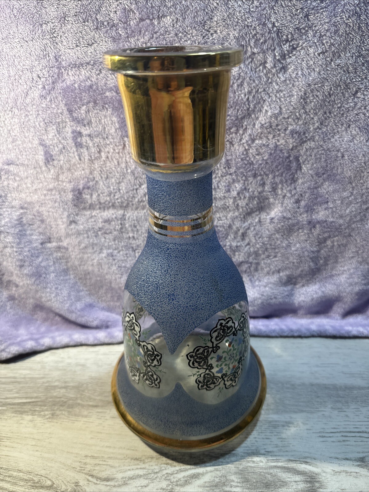 Vintage Large Vase Hookah Base Blue Frosted Glass w/ Ornate Accents Gold Rim