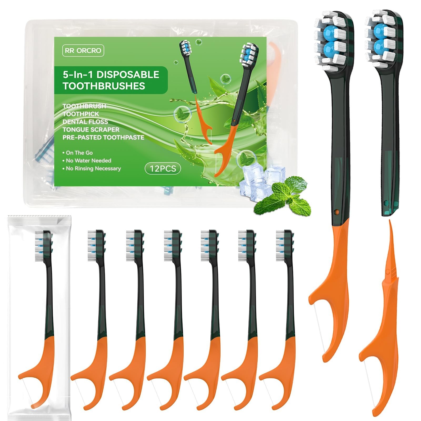 12Pack Disposable Toothbrushes with Toothpaste + Pick + Floss + Tongue Scrape…
