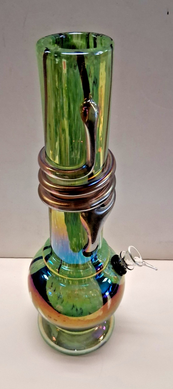 12&Prime; SOFT GLASS WATER PIPE BONG HOOKAH BUBBLE PULL BOWL CARB GREEN BLACK STRIPED