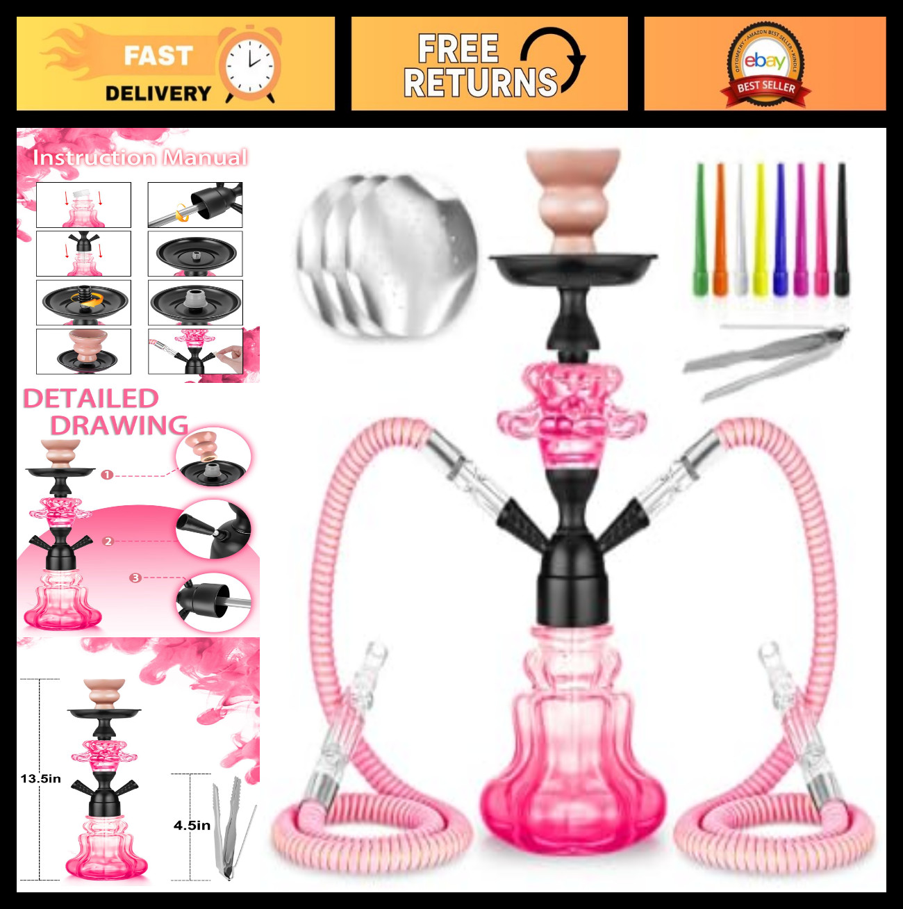 Complete 14 » Hookah Set – Shisha with Glass Vase, Leather Hose, Bowl & Coal Ton