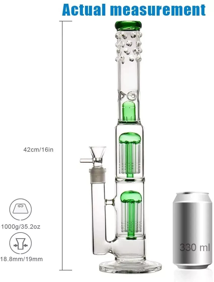 16&Prime; Heavy Glass Bong Green Percolate Bongs Smoking Hookah Water Pipe 18mm Bowl