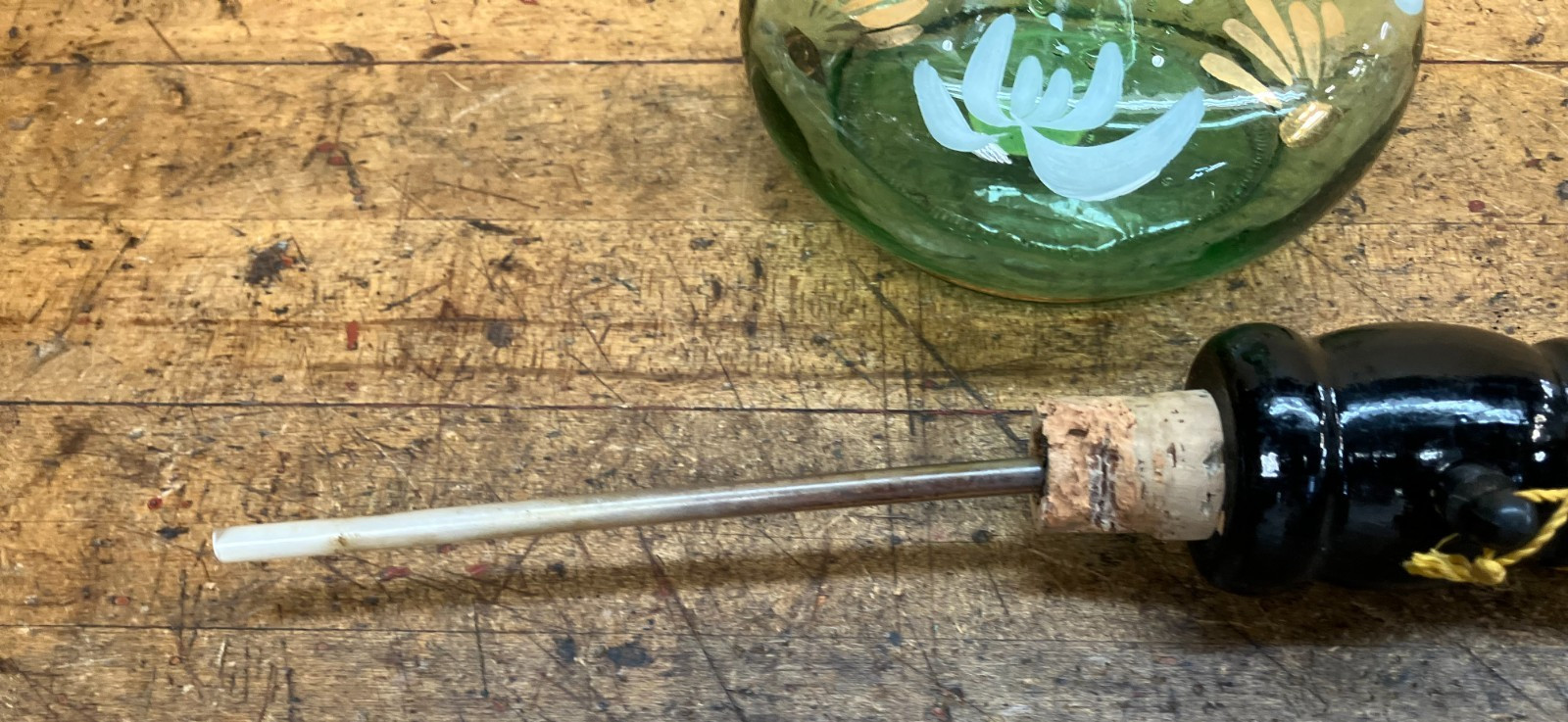 1970&rsquo;s Brebbia Italy Green Glass Hookah -Clay Bowl