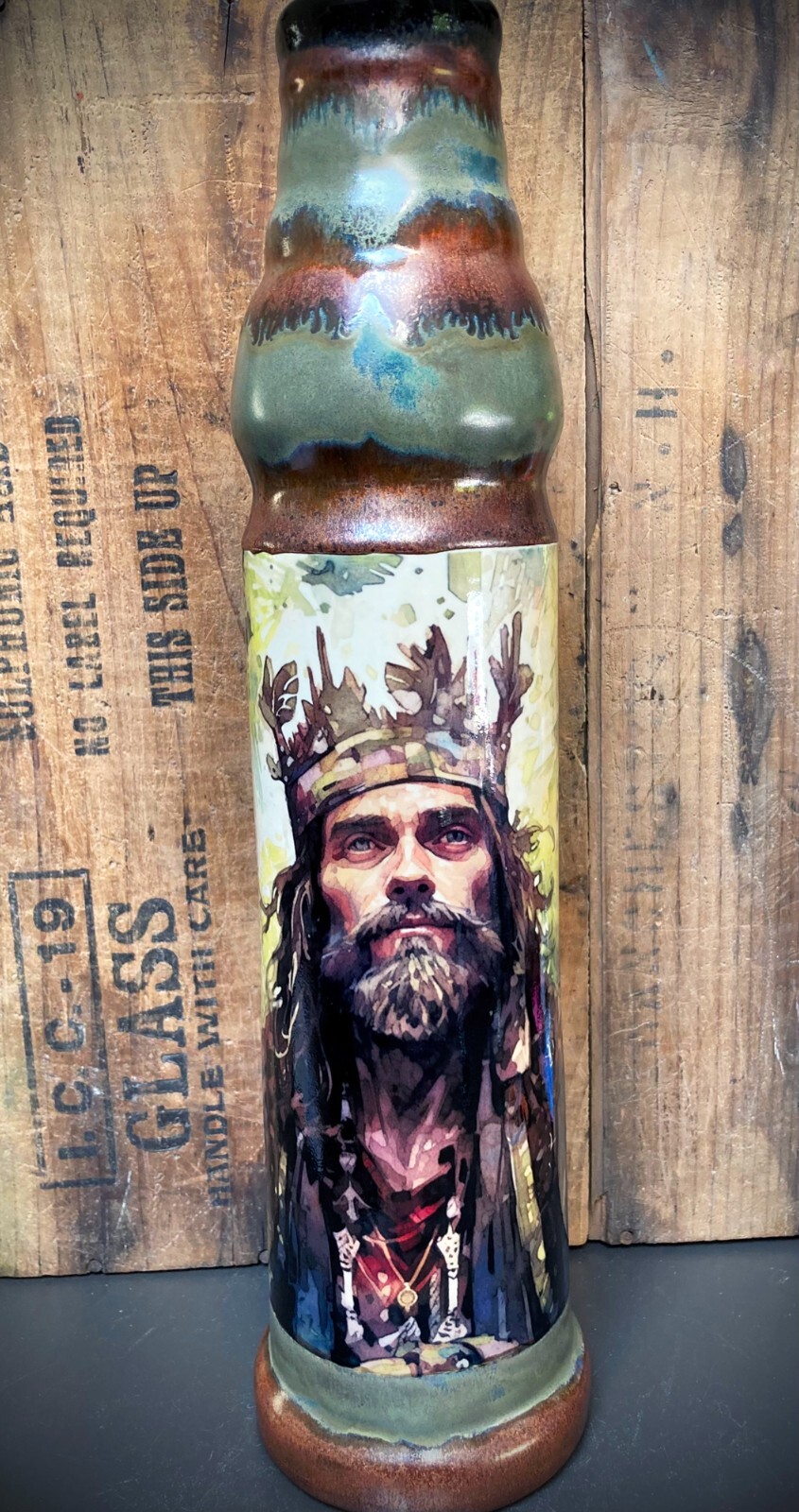 Handmade Ceramic Bong Hookah Bubbler Water Pipe Woodland King Crown Glass Bowl