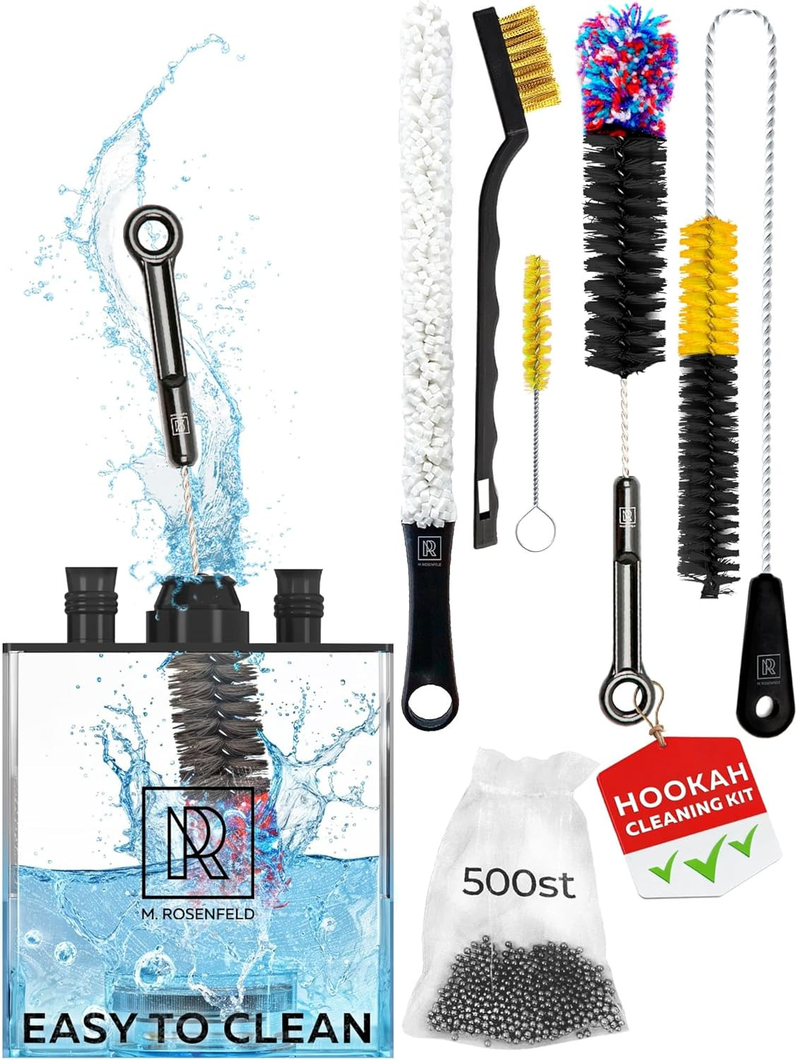 Hookah Cleaning Kit – 5 Brushes & 500 Stainless Steel Cleaning Beads – Premium H