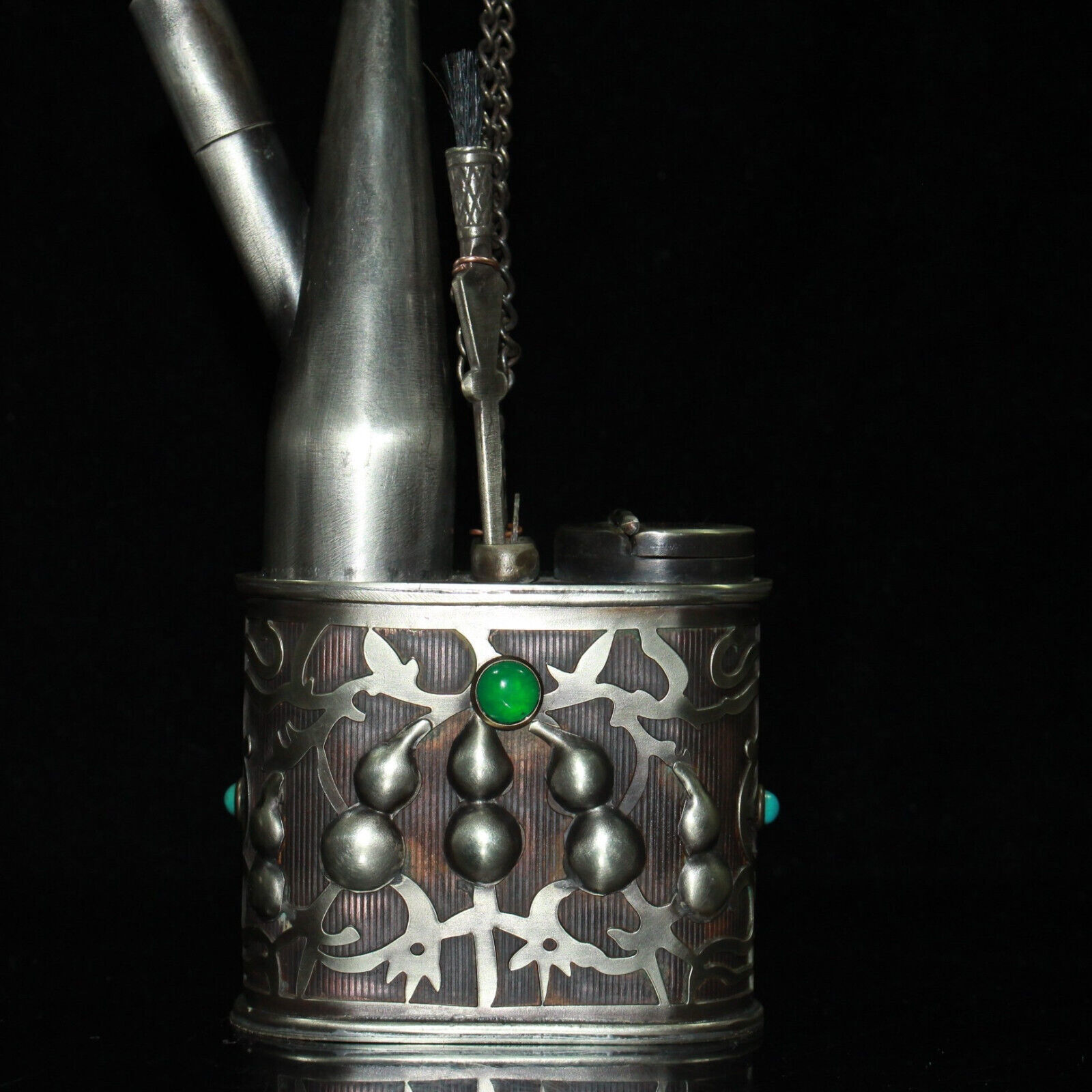 Early Collection of White Copper Inlaid Gemstone Hookah Ornaments