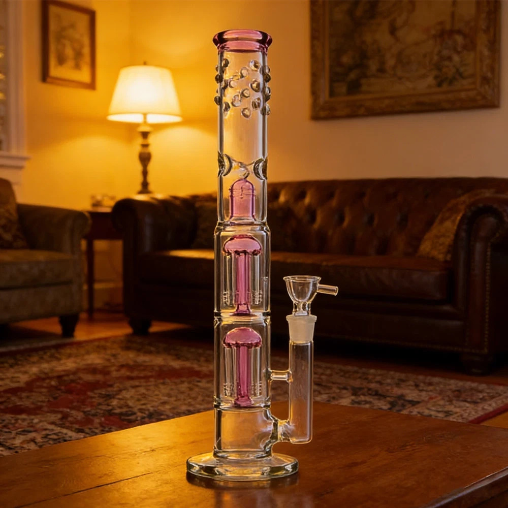 16&Prime; Heavy Glass Bong Pink Percolate Bongs Smoking Hookah Water Pipe 18mm Bowl