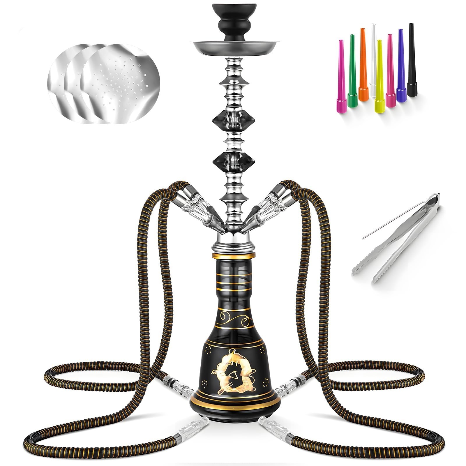 HOKASET 4 Hose Hookah Set 21&Prime; with Ceramic Bowl & Accessories – Deep Purple