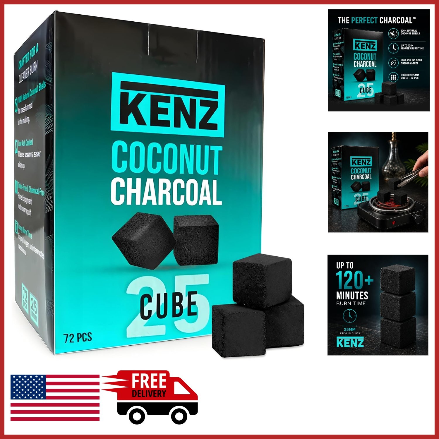 25mm Coconut Charcoal Cubes 72 pcs Low Ash Natural Briquettes for Smoking