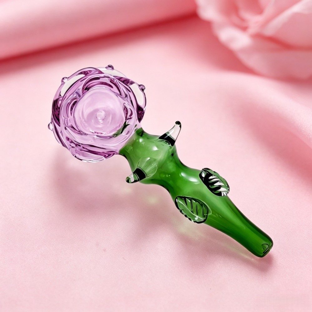 4 » Pink Roses Glass Hand Pipe Green Leaf Design Unique Tobacco Pipe Handmade