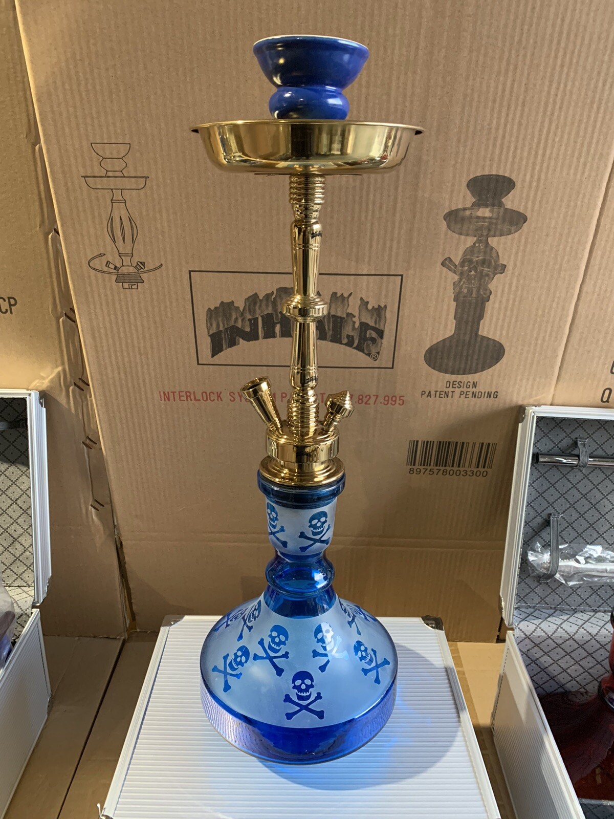 INHALE 21’’ HEAVY DUTY SOLID BRASS HOOKAH IN A SUITCASE *SKULLS BLUE*