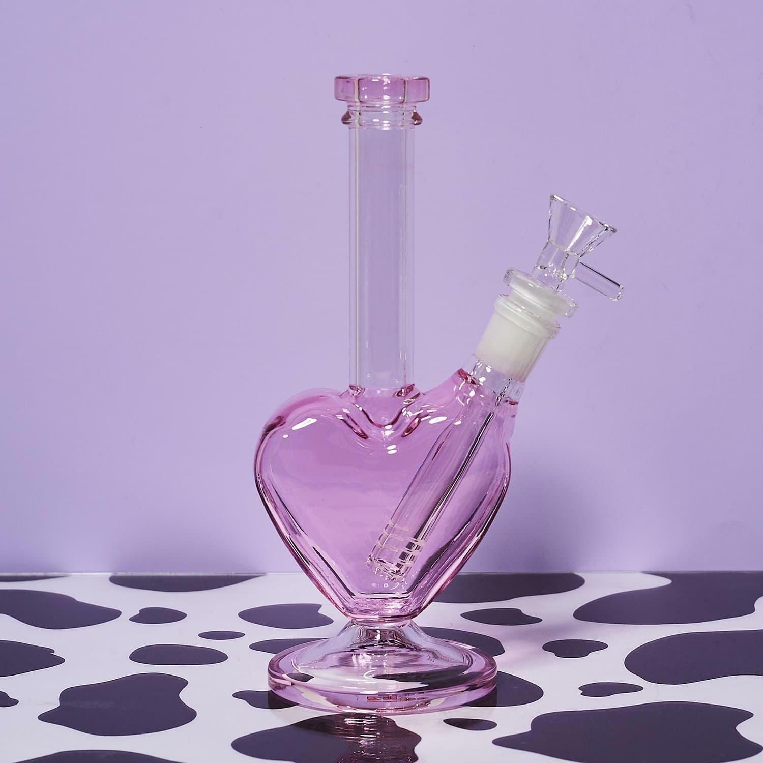 Pink 9&Prime; Glass Hookah Water Pipe Bong Heart Shape Smoking Tobacco W/Ash Catcher