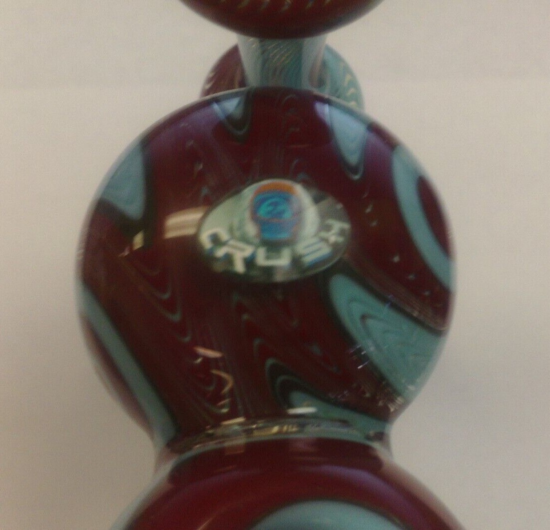 6&Prime; CRUSH GLASS DOUBLE BUBBLER WATERPIPE HANDPIPE – WAVY LINE RED, LT BLUE & GRAY