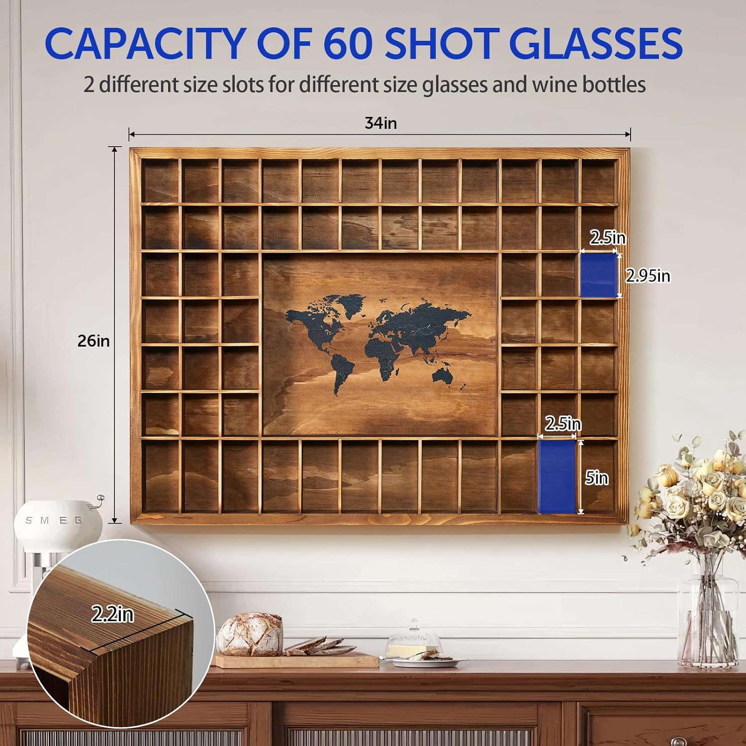 Large Shot Glass Display Case with World Map,60 Slots, 34 X 26 Inch Rustic Wood
