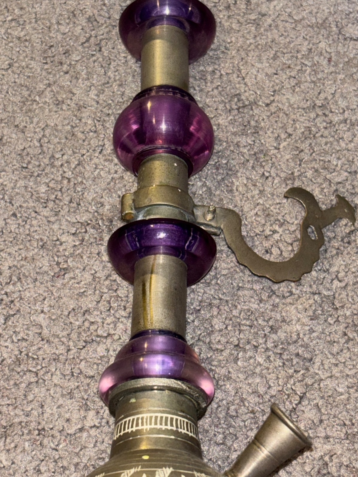 Vintage Indian Etched Brass and Purple Hookah Water Pipe Tobbaciana Missing Bowl