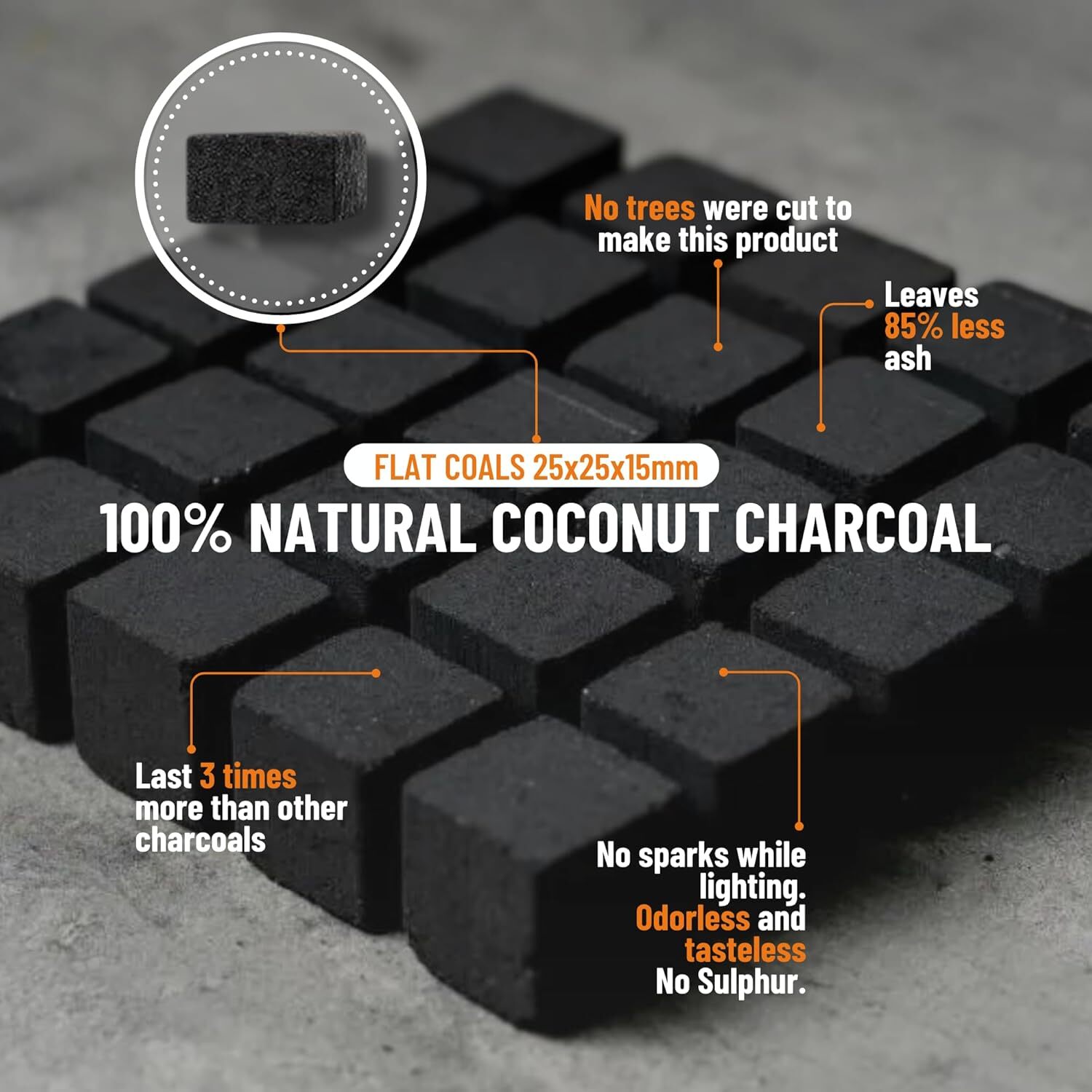 Premium Coconut Charcoal 120 Flat Coals, 1Kg -100% Natural 120- cubes