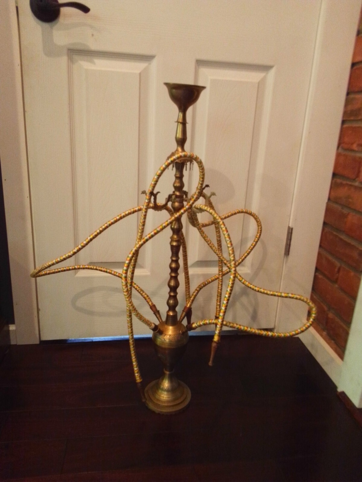Vintage 1995 30&Prime; tall etched Brass hookah w/enamel floral decoration and 4 hoses