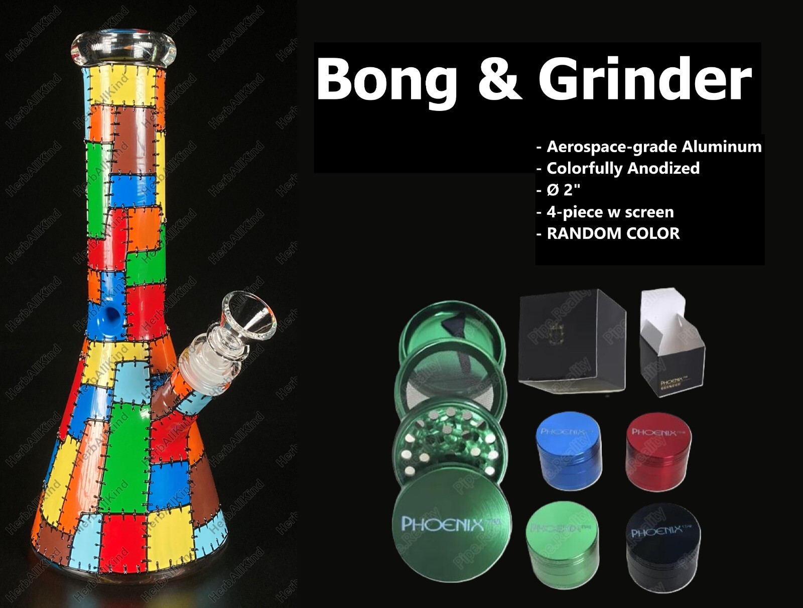 10&Prime; Thick Colorful Patches Beaker Bong 14mm Bowl & 2&Prime; 4-Piece Grinder Set