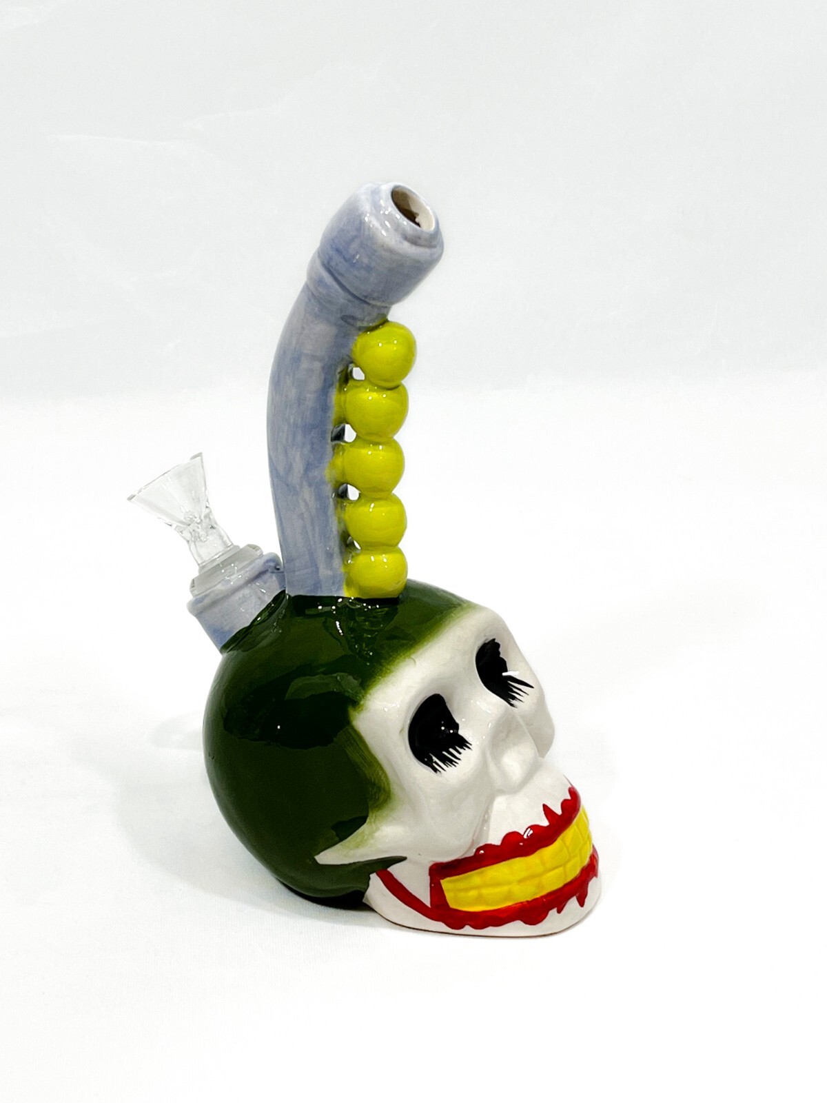 8.5&Prime; Ceramic Water Pipe – “MONKEY SKULL” Bubbler. With a glass-on-glass stem