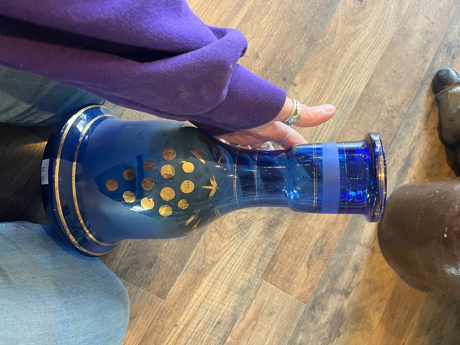 Vintage Bohemian Cobalt Blue Glass HOOKAH BASE HAND PAINTED Gold 10.5&Prime; High
