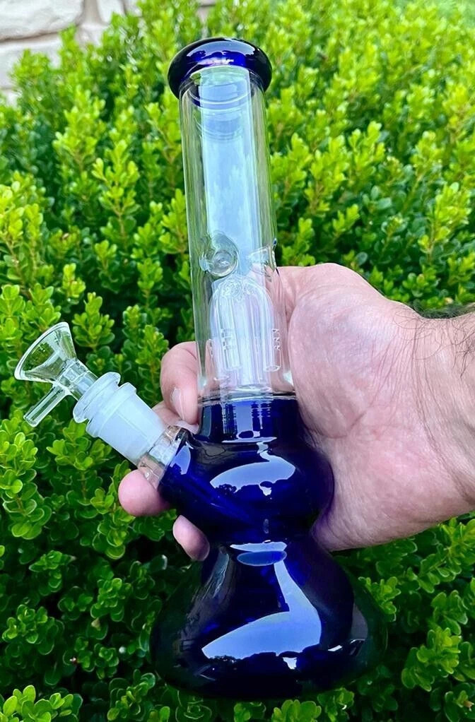 10&Prime; Dark Blue Glass Bong Arm Tree PERC Water Pipe Hookah Smoking Beaker W/Bowl