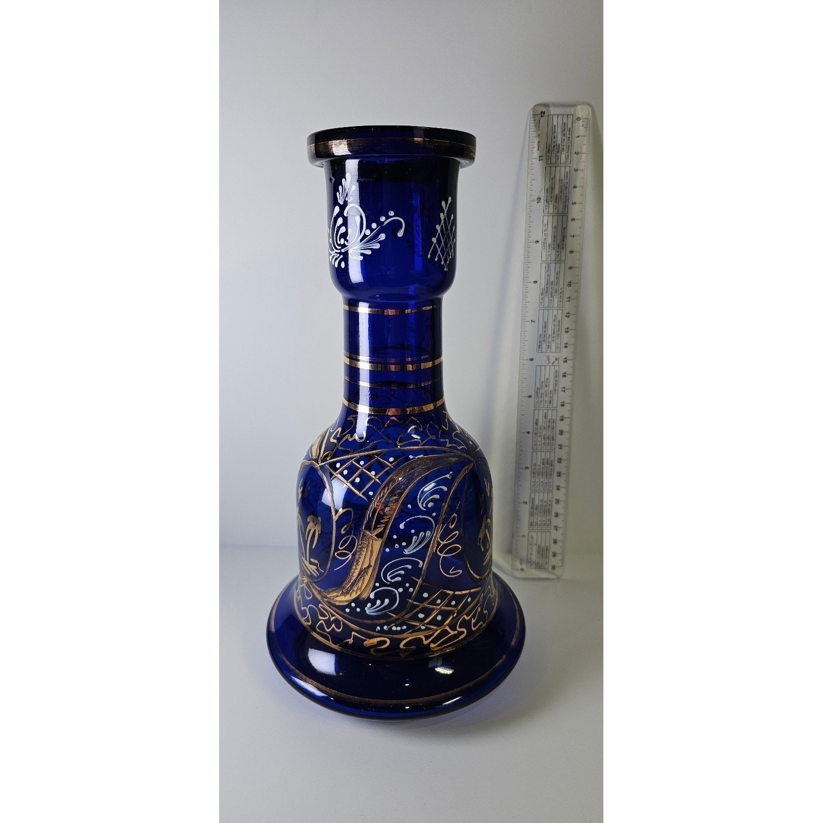 Vintage Cobalt Blue Glass Hookah Base Gold Palm Tree Hand Painted Vase 10&Prime; boho