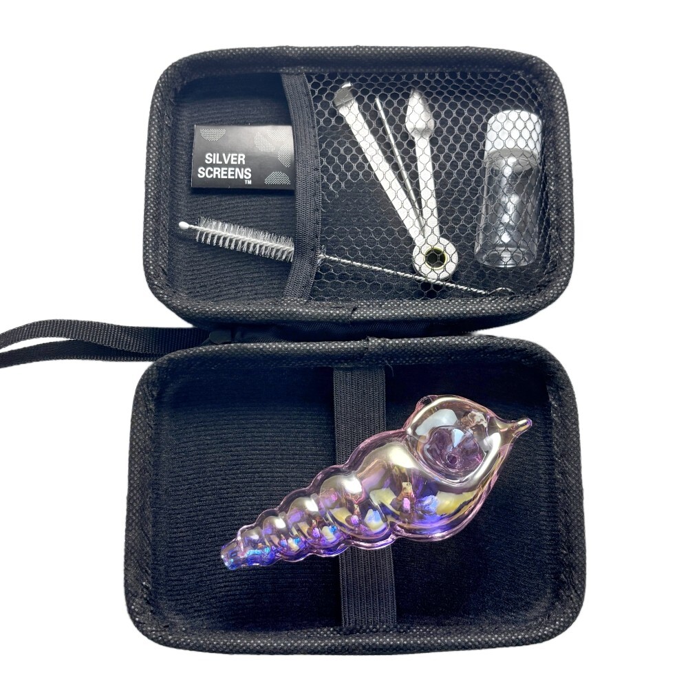 Pink 4&Prime; Cute Glass Hand Pipe Electroplate Conch Spoon Smoking Tobacco W/Tool Box