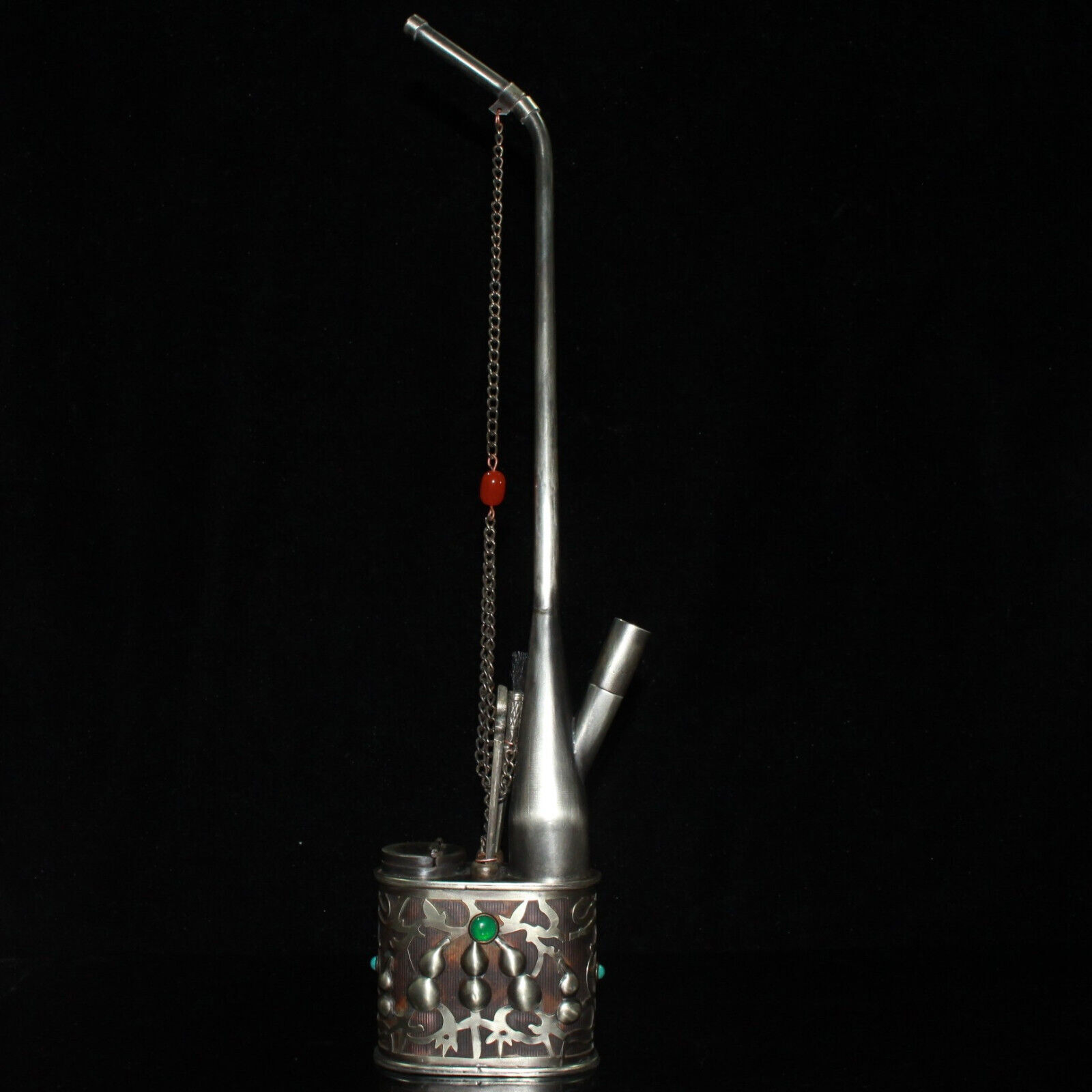 Early Collection of White Copper Inlaid Gemstone Hookah Ornaments