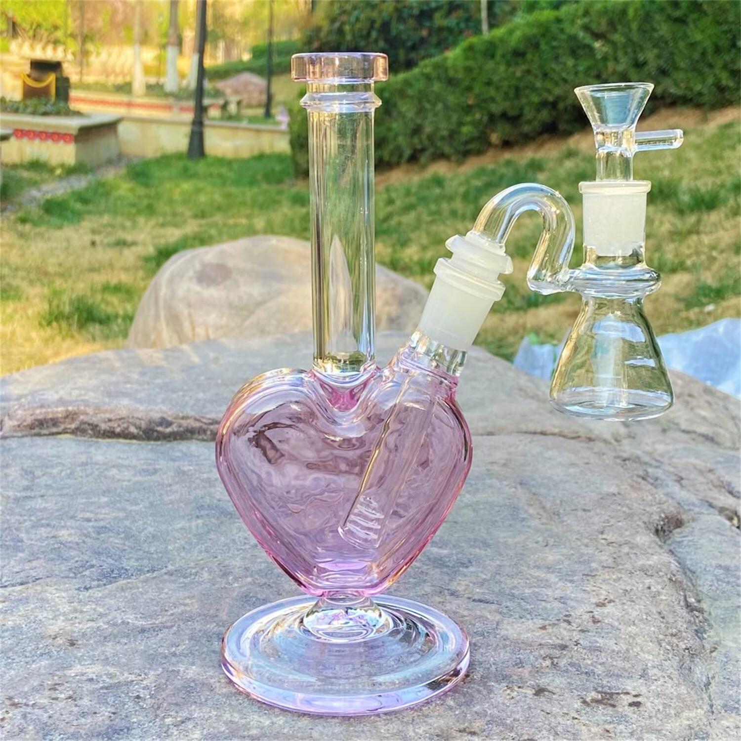 Pink 9&Prime; Heart Shape Glass Hookah Water Pipe Bong Smoking Tobacco W/Ash Catcher
