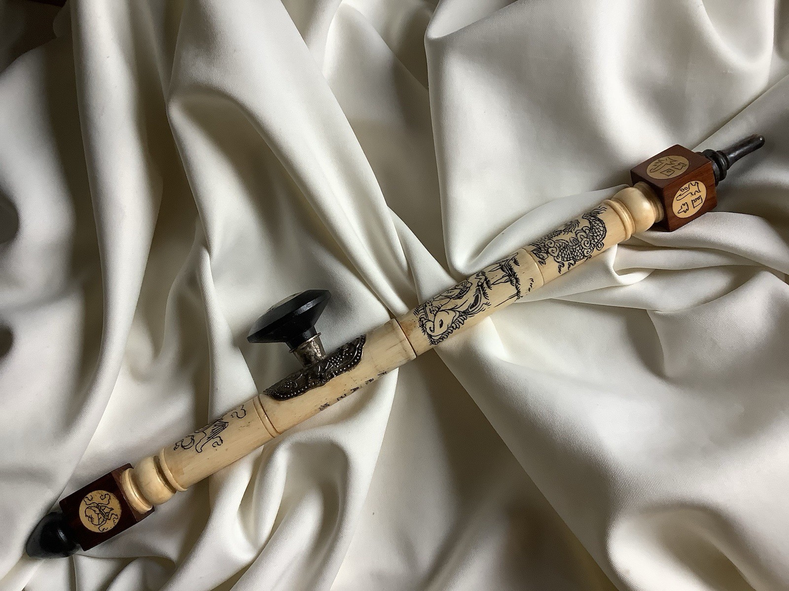 Pipe Chinese Tibet Medicine Smoke Dragon Antique Calligraphy Wood Hand Carved 3D