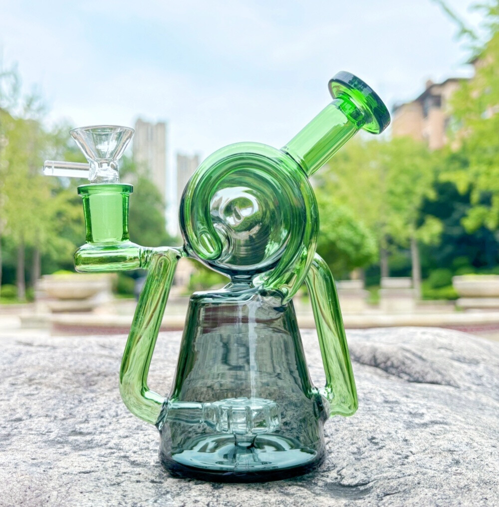 NEW 6.9&Prime; Recycler Glass Bong Pyrex Smoking Water Pipe Bubbler W/14mm Bowl Green
