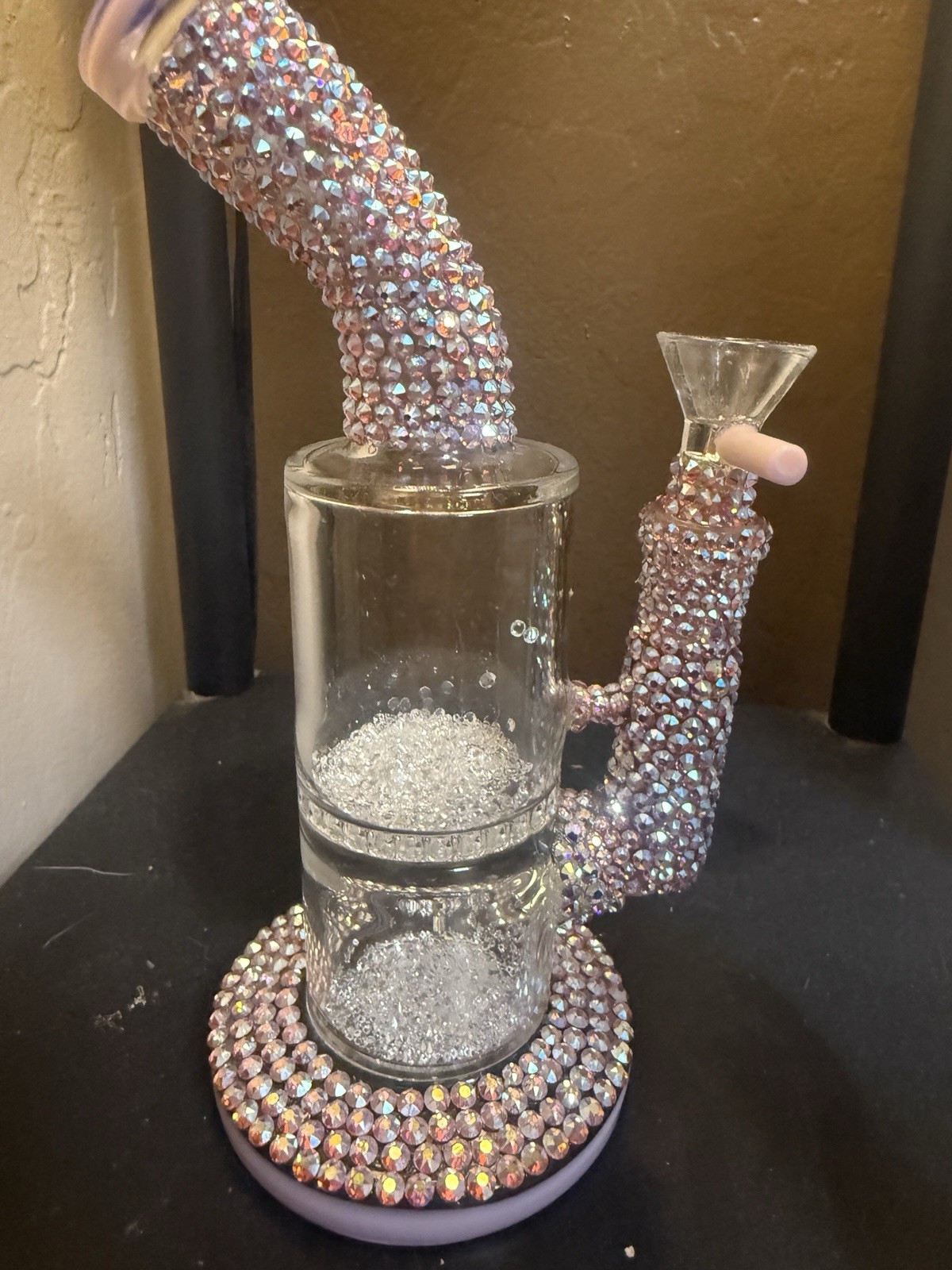 Crystal Encrusted Glass Water Pipe with Diamond Pattern. Girly bong Bling Bong