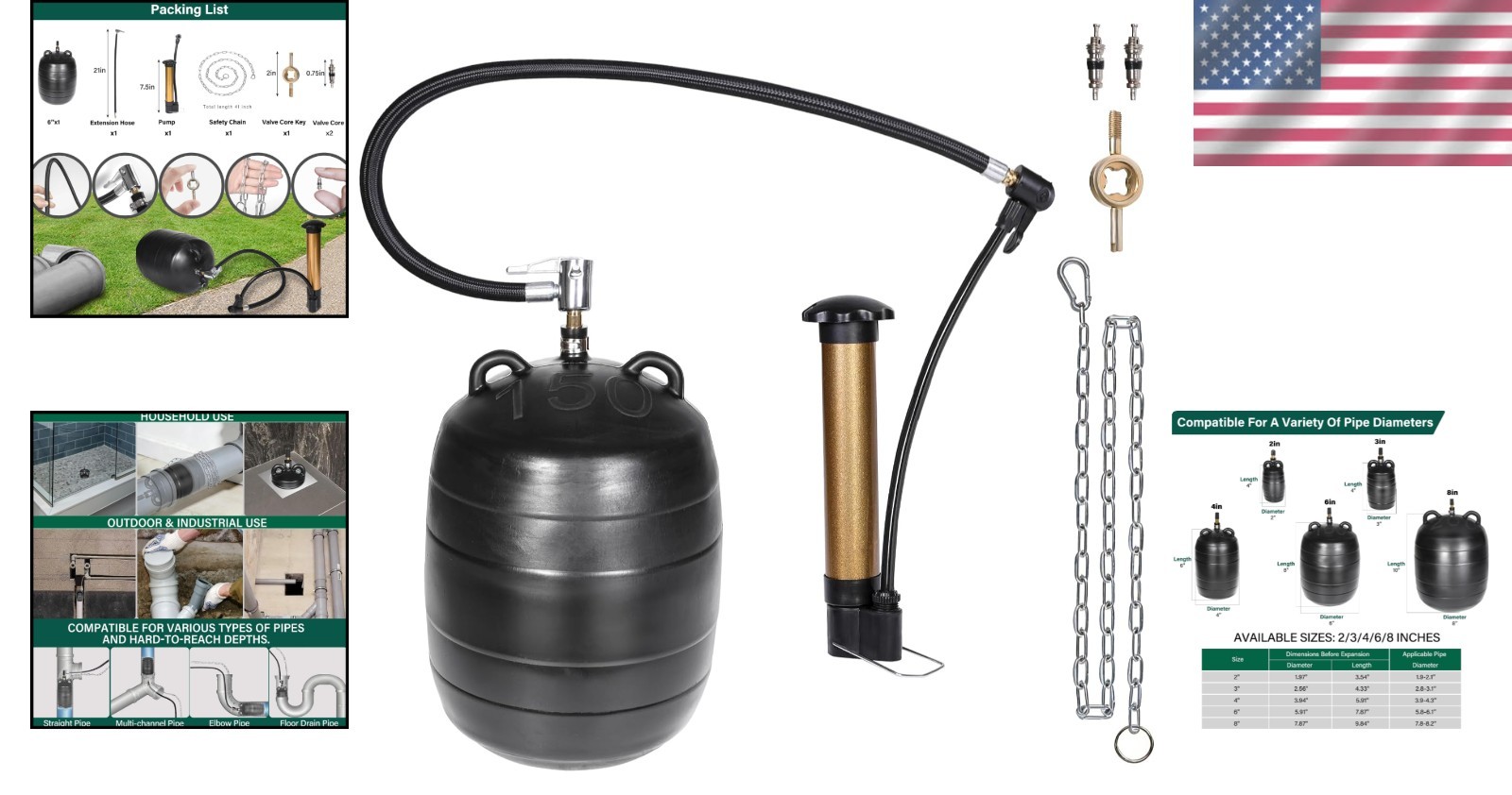 Complete 6-Inch Inflatable Pipe Kit with Safety Chain & Valve Tool for DIY Leaks