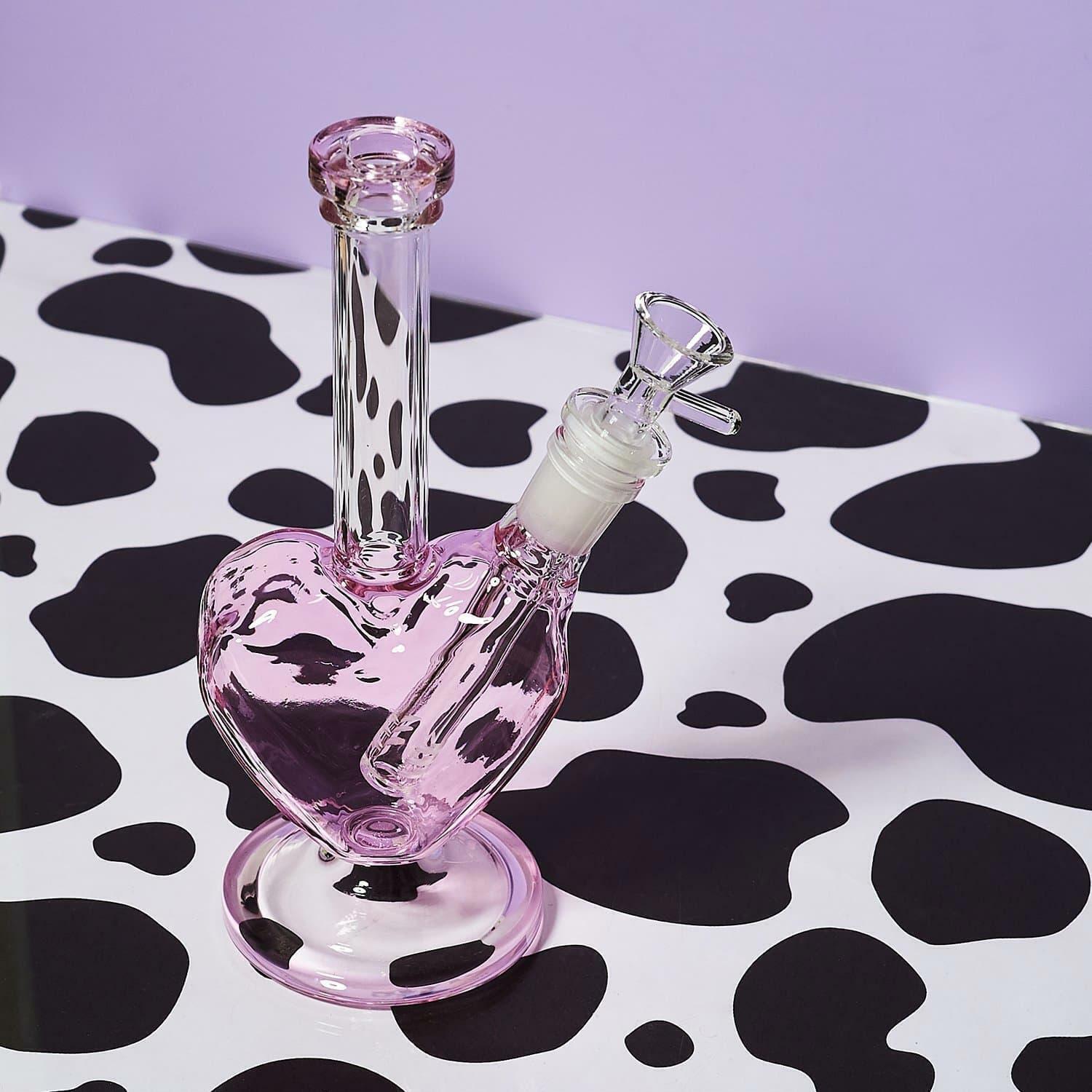 Pink 9&Prime; Glass Hookah Water Pipe Bong Heart Shape Smoking Tobacco W/Ash Catcher