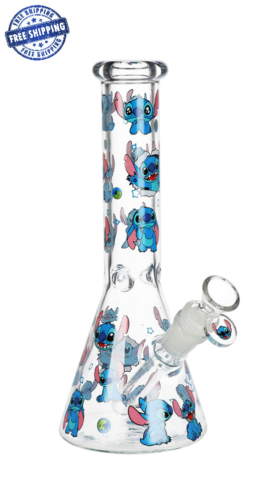 Stitch Glass Water Pipe w/ Ice Pinch 14mm Bowl 10&Prime; Bubbler Hookah Cute Alien 626